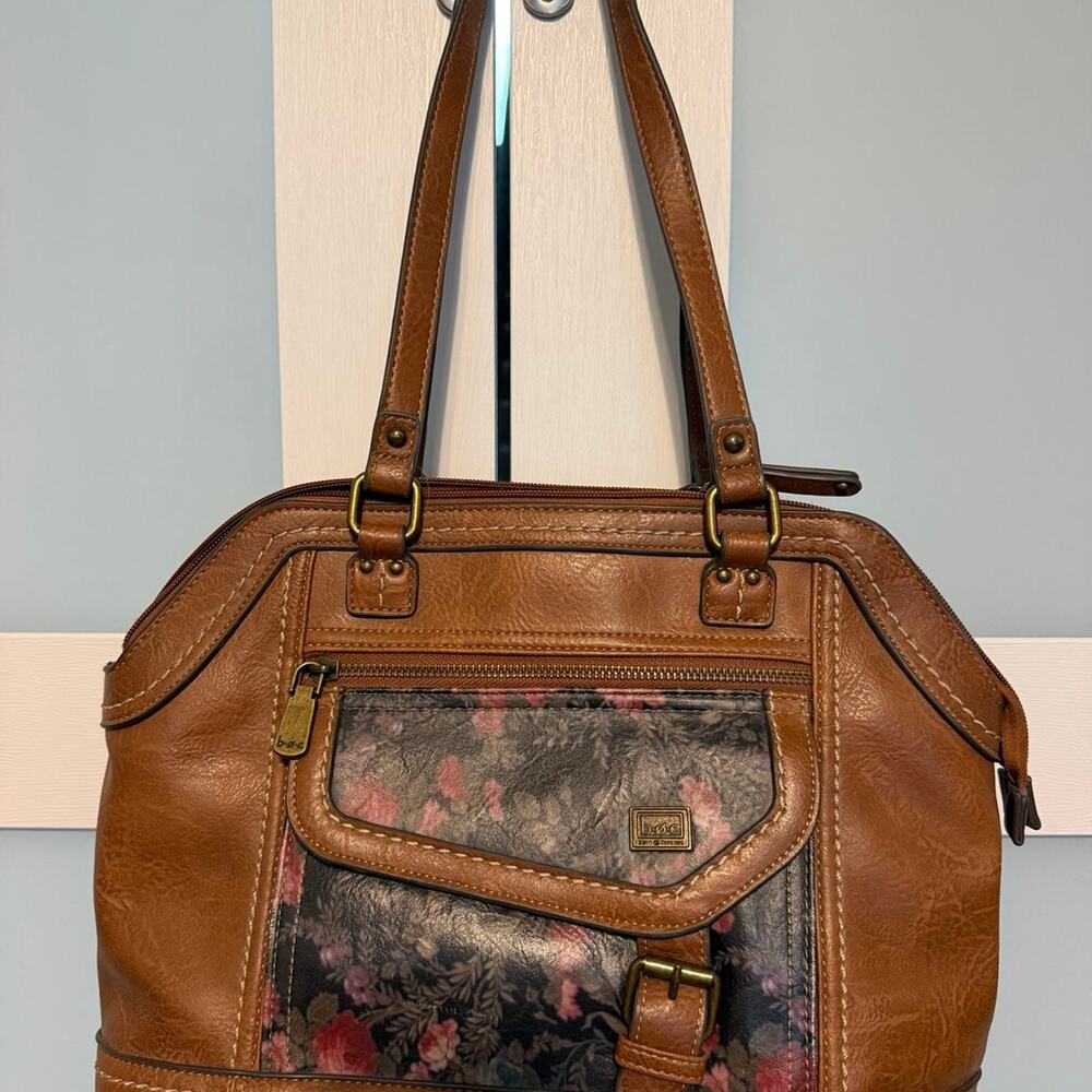 B.O.C. BORN CONCEPT BROWN FAUX LEATHER FLORAL SATCHEL BAG